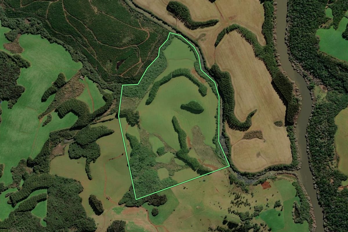 Imagem de satélite do imóvel rural em Brunópolis (SC), com o contorno declarado no CAR desenhado por cima.
