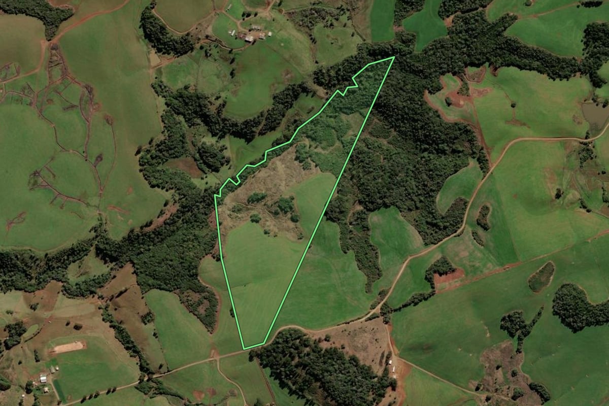 Imagem de satélite do imóvel rural em Brunópolis (SC), com o contorno declarado no CAR desenhado por cima.