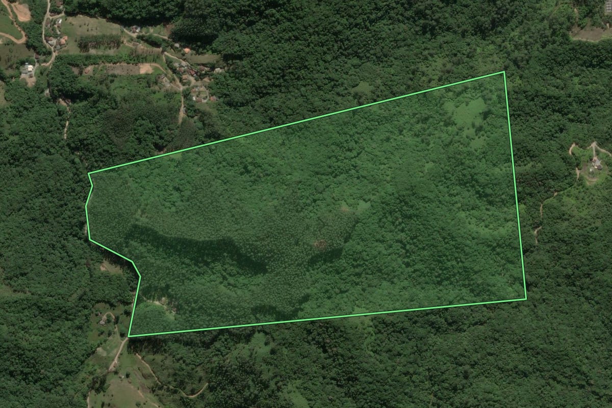 Imagem de satélite do imóvel rural em Brusque (SC), com o contorno declarado no CAR desenhado por cima.