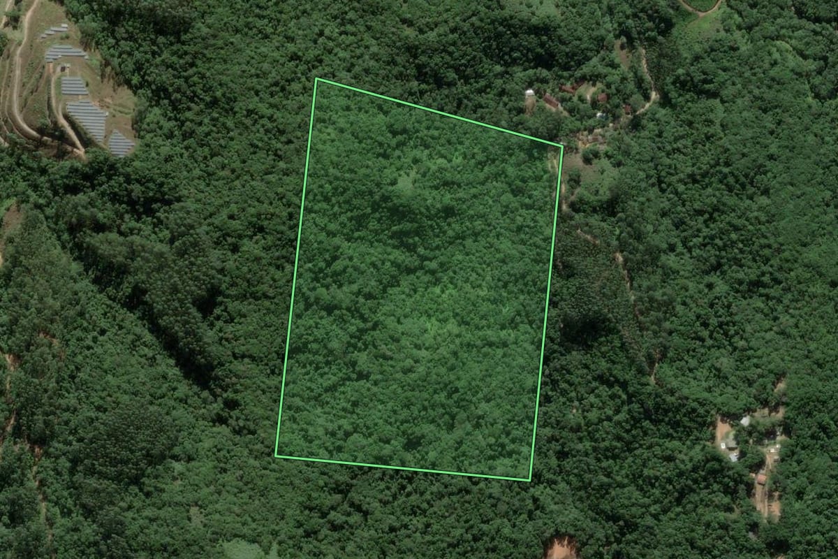 Imagem de satélite do imóvel rural em Brusque (SC), com o contorno declarado no CAR desenhado por cima.