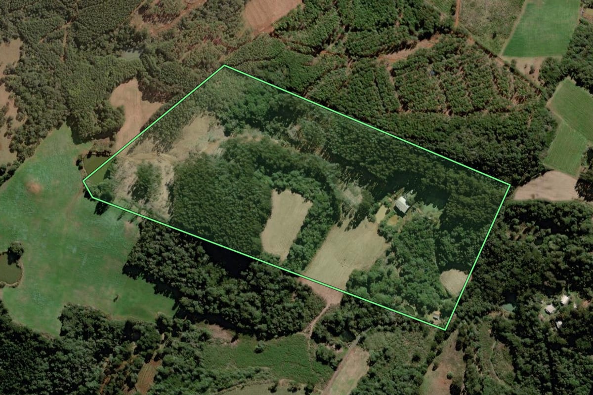 Imagem de satélite do imóvel rural em Caçador (SC), com o contorno declarado no CAR desenhado por cima.