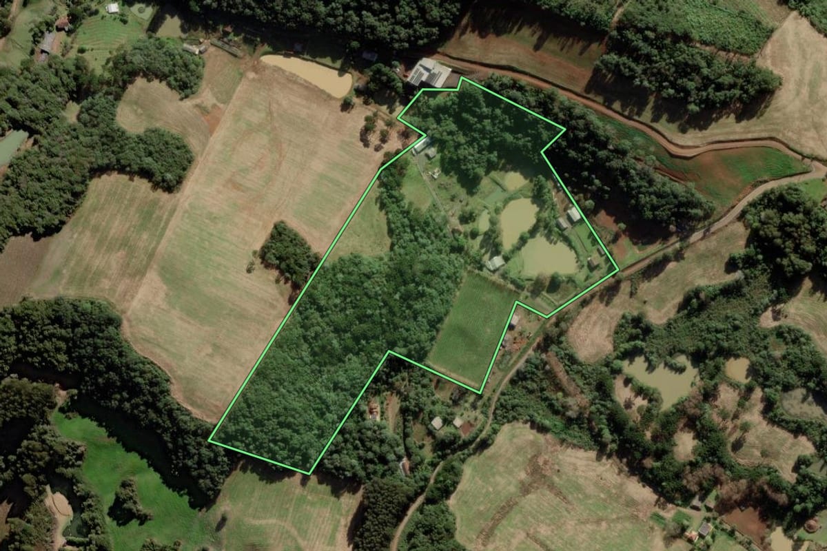 Imagem de satélite do imóvel rural em Caçador (SC), com o contorno declarado no CAR desenhado por cima.