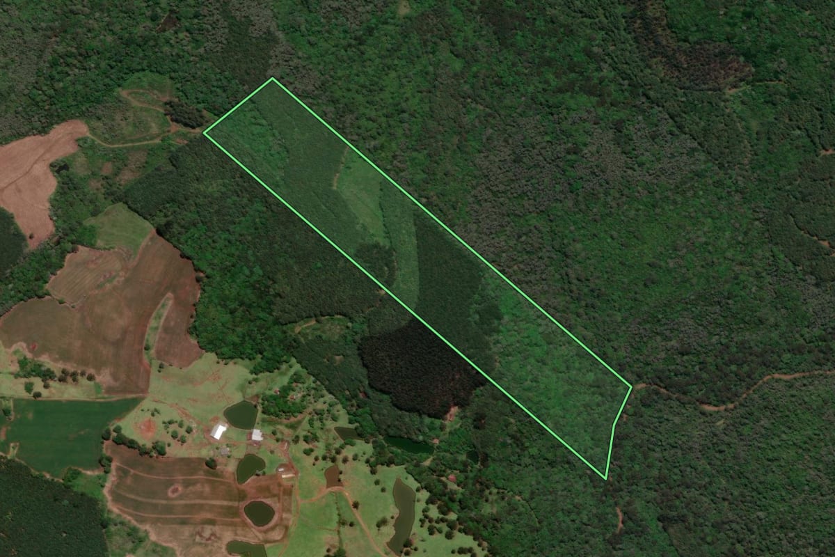 Imagem de satélite do imóvel rural em Caçador (SC), com o contorno declarado no CAR desenhado por cima.