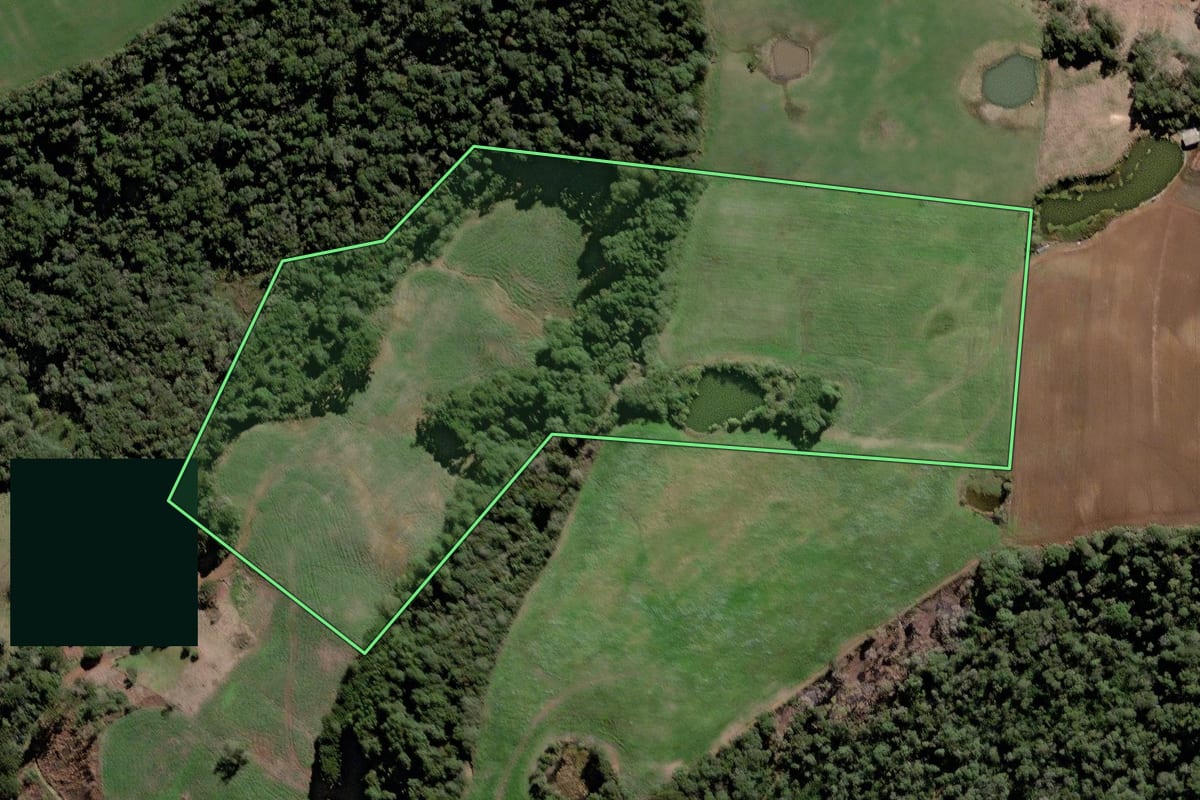 Imagem de satélite do imóvel rural em Caçador (SC), com o contorno declarado no CAR desenhado por cima.