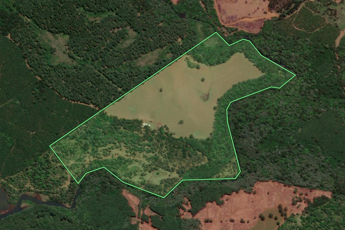 Imagem de satélite do imóvel rural em Caçador (SC), com o contorno declarado no CAR desenhado por cima.