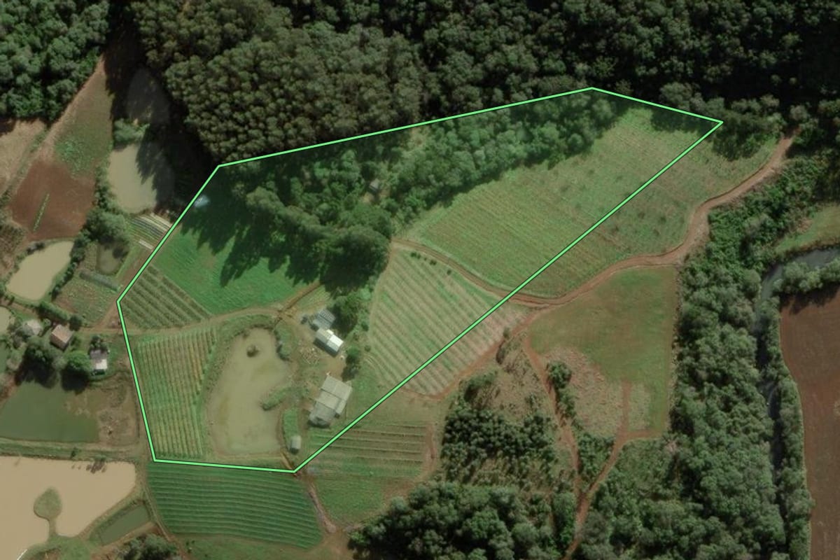 Imagem de satélite do imóvel rural em Caçador (SC), com o contorno declarado no CAR desenhado por cima.
