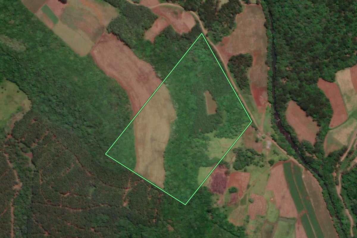 Imagem de satélite do imóvel rural em Caçador (SC), com o contorno declarado no CAR desenhado por cima.