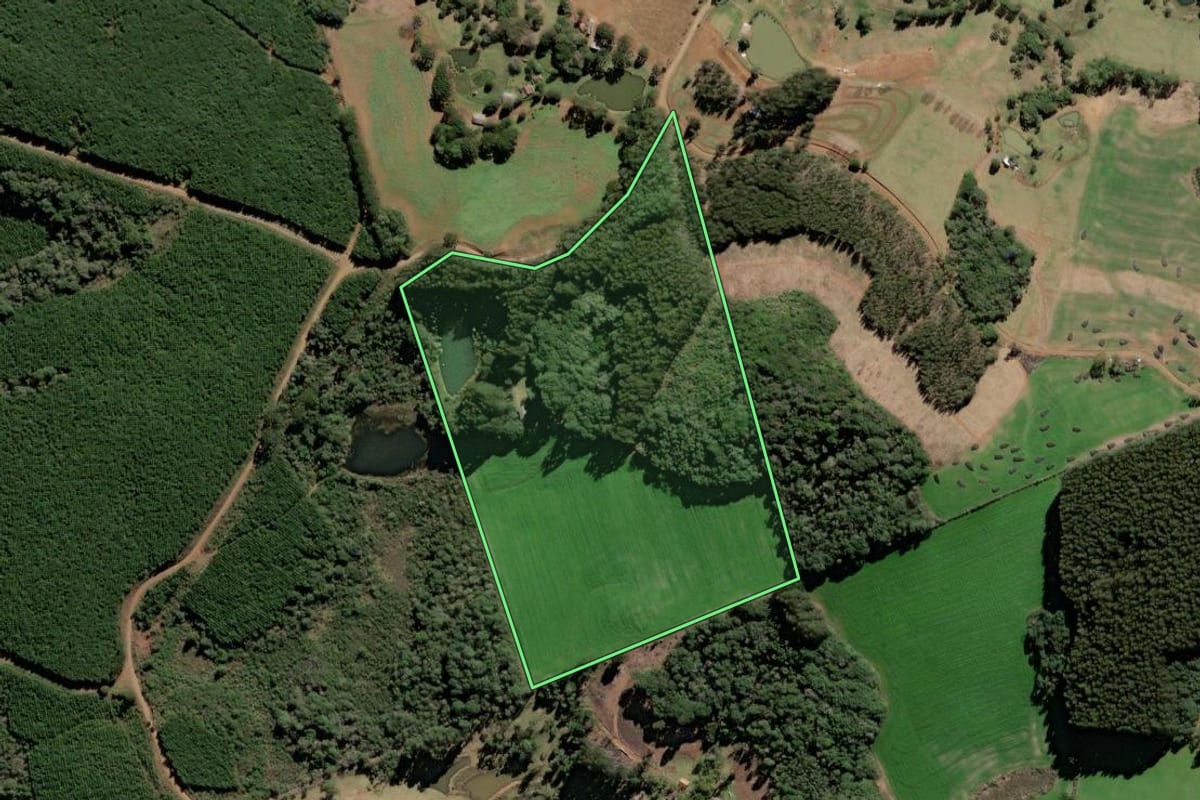 Imagem de satélite do imóvel rural em Caçador (SC), com o contorno declarado no CAR desenhado por cima.