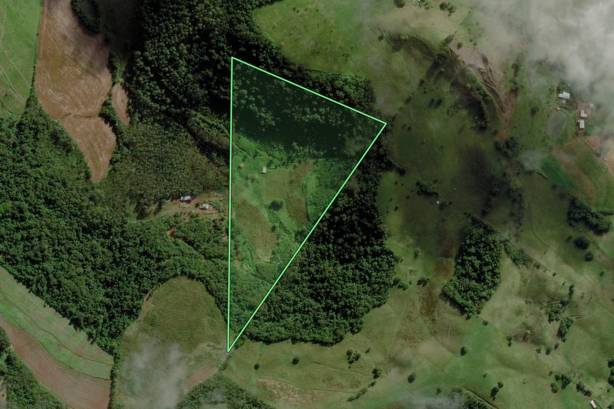 Imagem de satélite do imóvel rural em Caibi (SC), com o contorno declarado no CAR desenhado por cima.