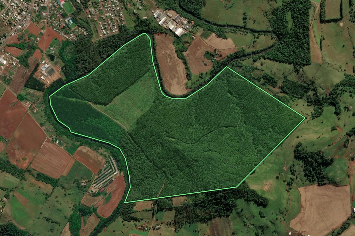 Imagem de satélite do imóvel rural em Caibi (SC), com o contorno declarado no CAR desenhado por cima.
