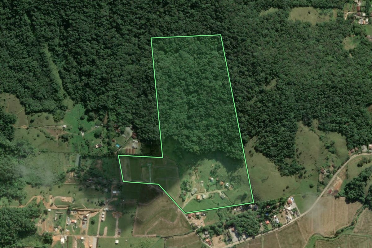 Imagem de satélite do imóvel rural em Camboriú (SC), com o contorno declarado no CAR desenhado por cima.