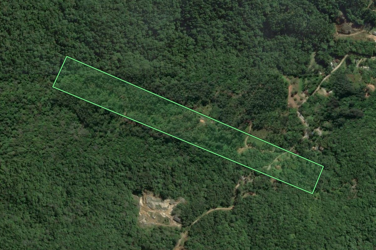 Imagem de satélite do imóvel rural em Camboriú (SC), com o contorno declarado no CAR desenhado por cima.