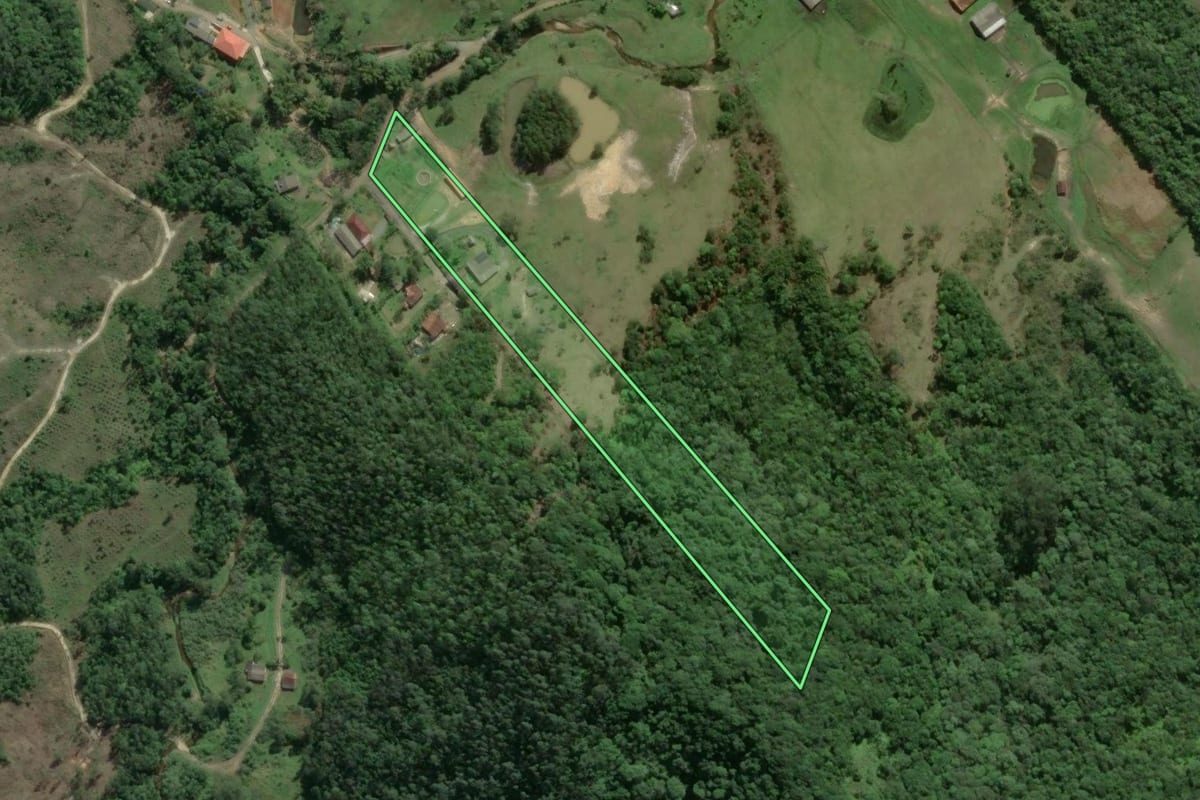Imagem de satélite do imóvel rural em Camboriú (SC), com o contorno declarado no CAR desenhado por cima.