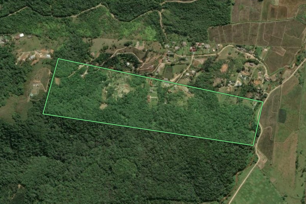 Imagem de satélite do imóvel rural em Camboriú (SC), com o contorno declarado no CAR desenhado por cima.