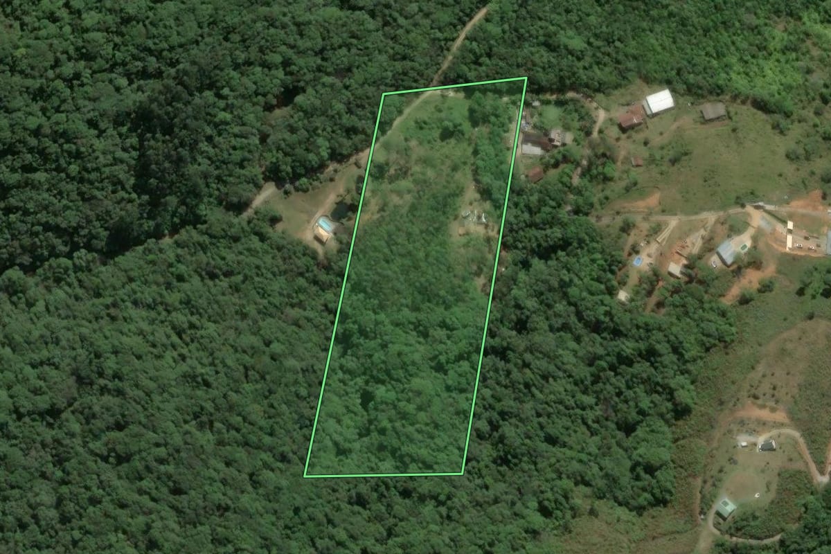 Imagem de satélite do imóvel rural em Camboriú (SC), com o contorno declarado no CAR desenhado por cima.