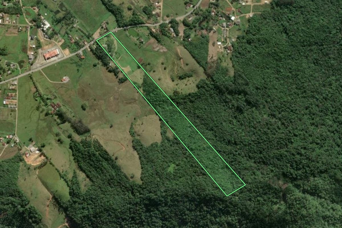 Imagem de satélite do imóvel rural em Camboriú (SC), com o contorno declarado no CAR desenhado por cima.