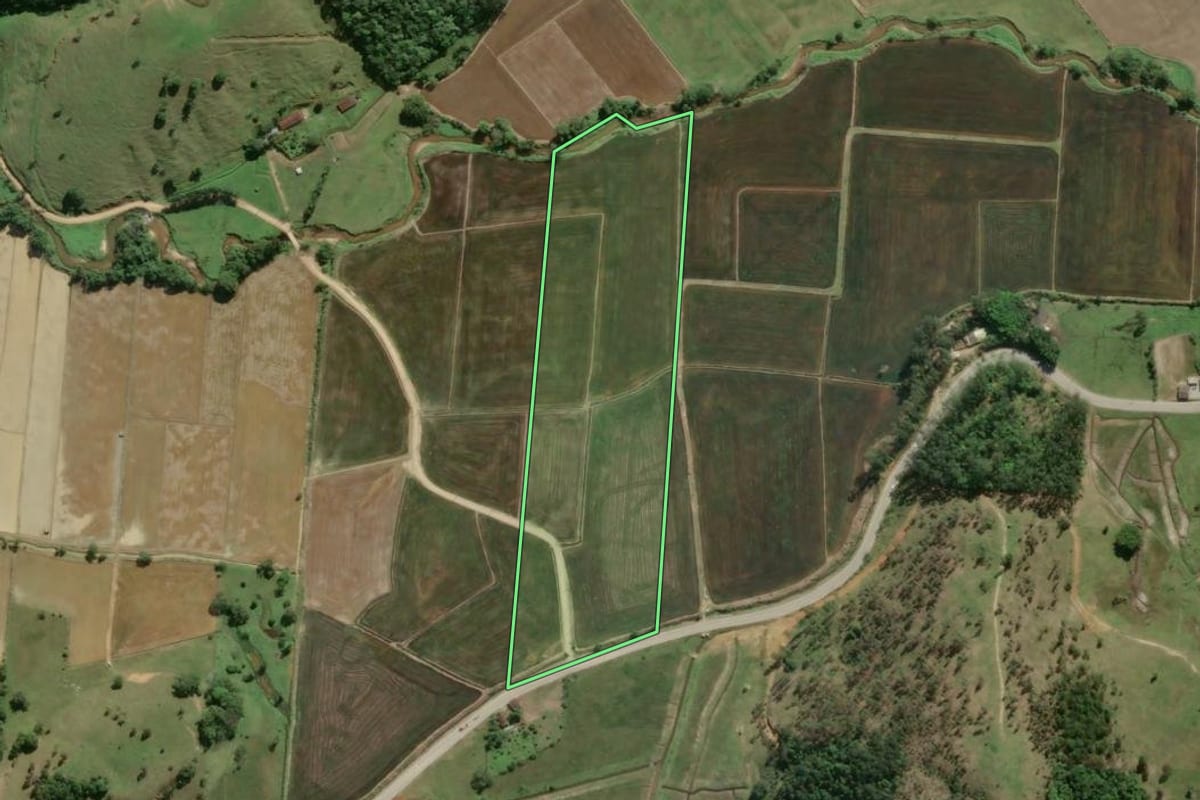 Imagem de satélite do imóvel rural em Camboriú (SC), com o contorno declarado no CAR desenhado por cima.