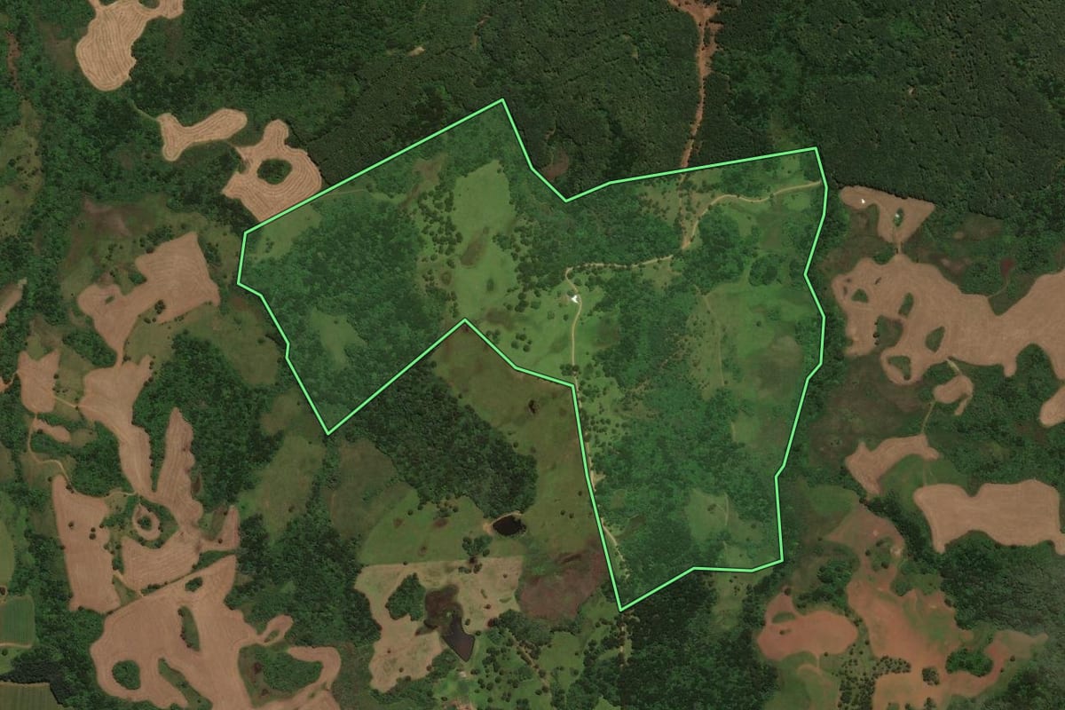 Imagem de satélite do imóvel rural em Capão Alto (SC), com o contorno declarado no CAR desenhado por cima.