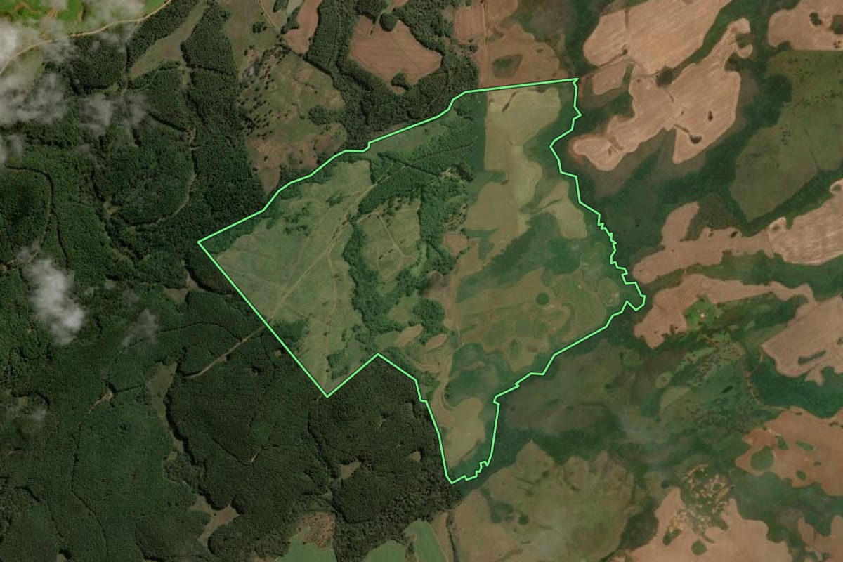 Imagem de satélite do imóvel rural em Capão Alto (SC), com o contorno declarado no CAR desenhado por cima.