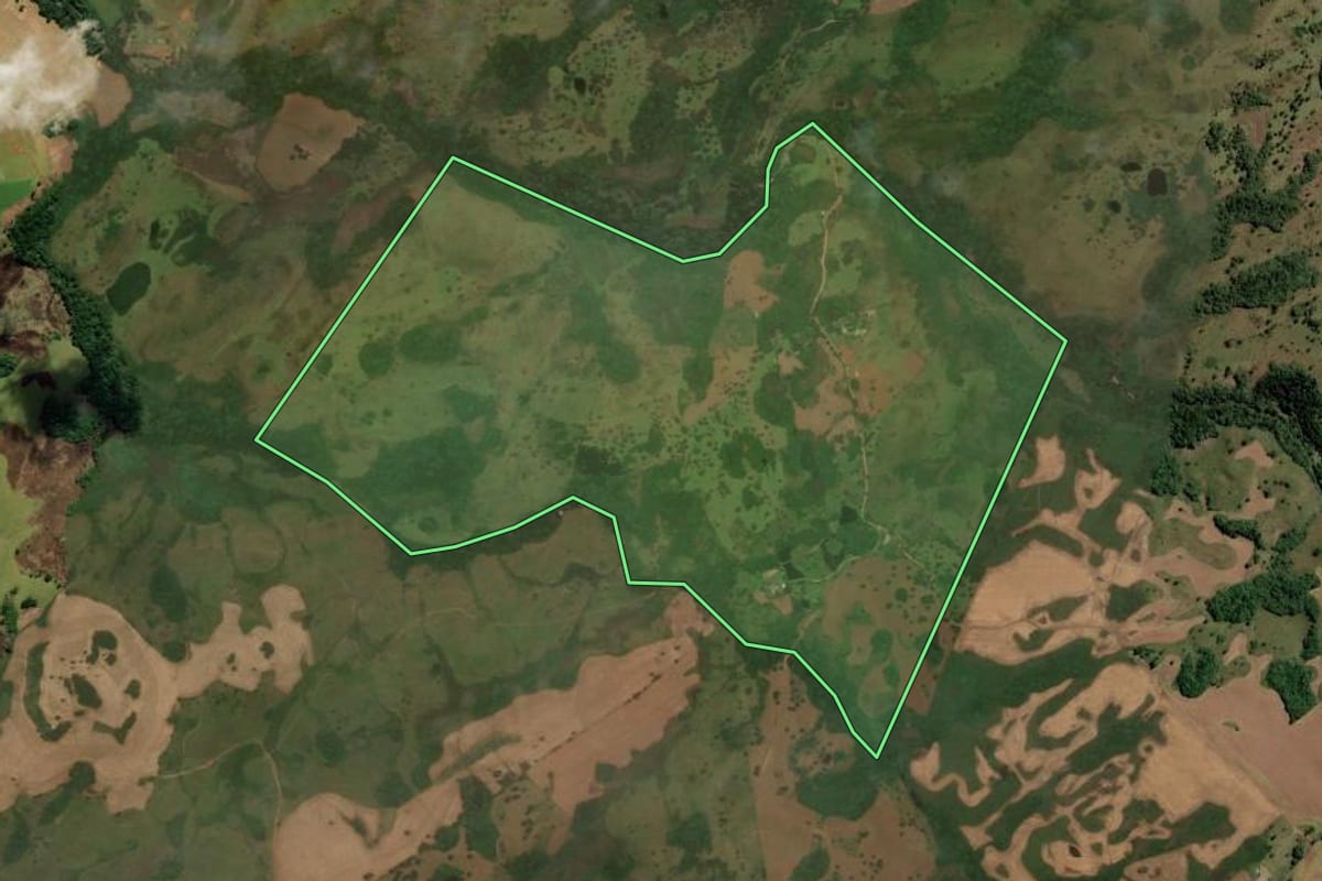 Imagem de satélite do imóvel rural em Capão Alto (SC), com o contorno declarado no CAR desenhado por cima.