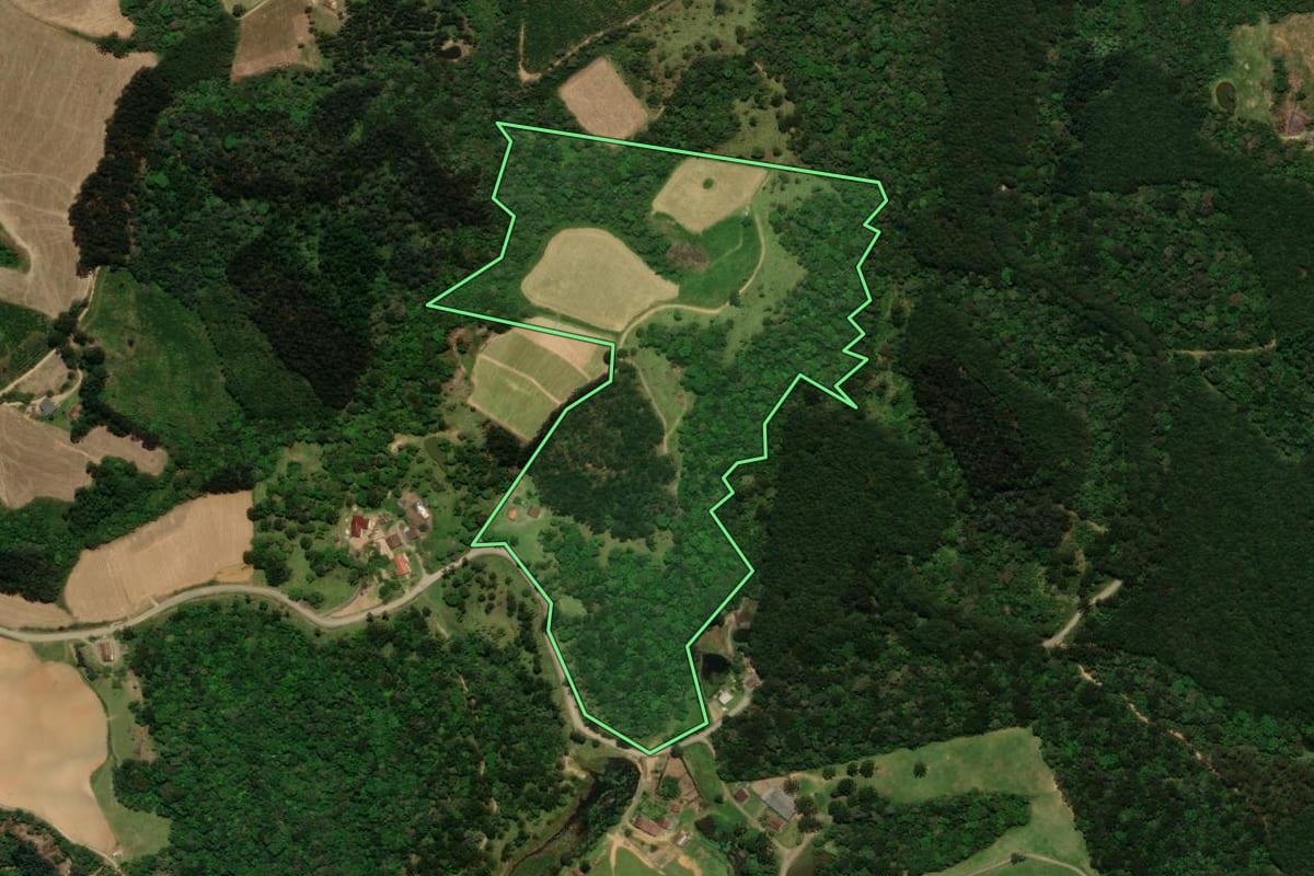 Imagem de satélite do imóvel rural em Campo Alegre (SC), com o contorno declarado no CAR desenhado por cima.