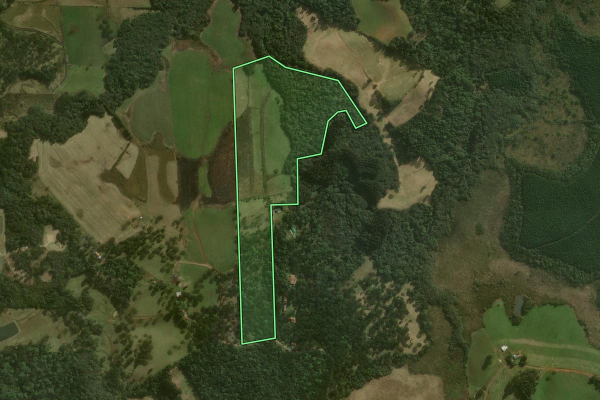 Imagem de satélite do imóvel rural em Campo Alegre (SC), com o contorno declarado no CAR desenhado por cima.