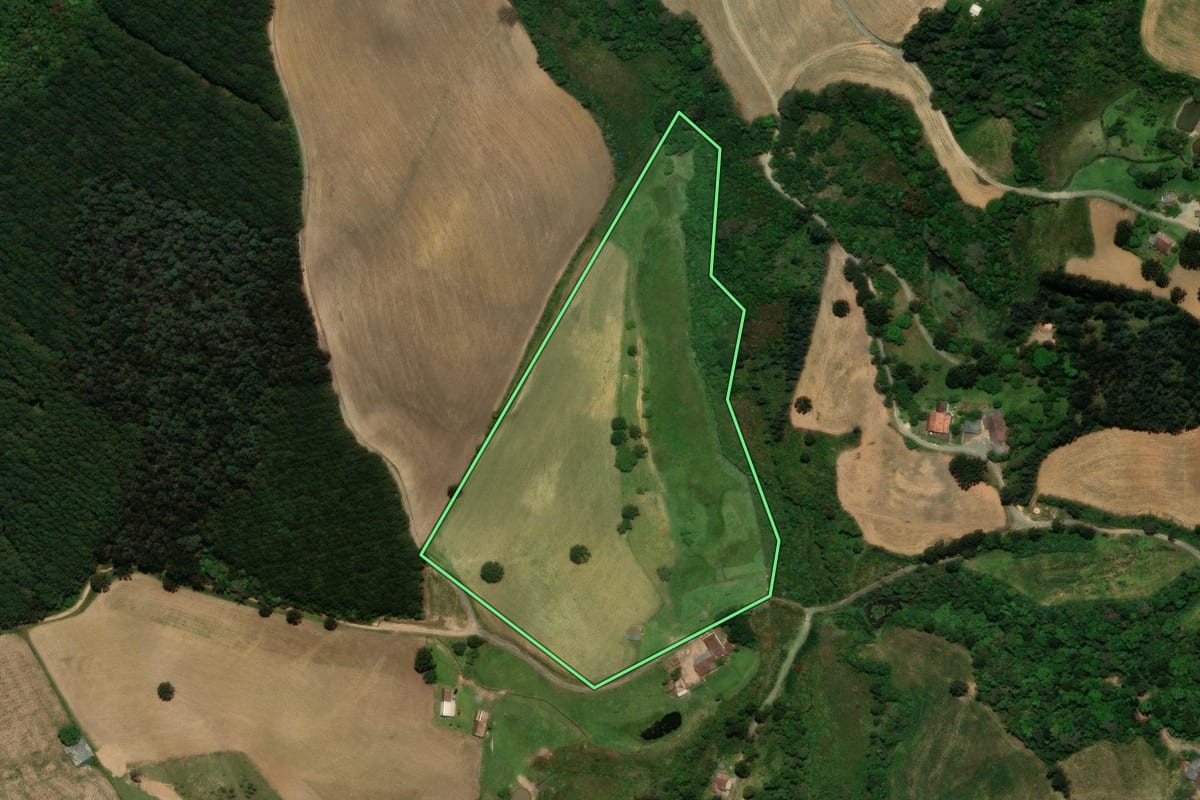 Imagem de satélite do imóvel rural em Campo Alegre (SC), com o contorno declarado no CAR desenhado por cima.