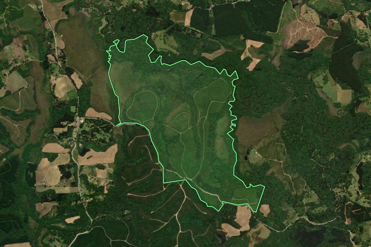 Imagem de satélite do imóvel rural em Campo Alegre (SC), com o contorno declarado no CAR desenhado por cima.