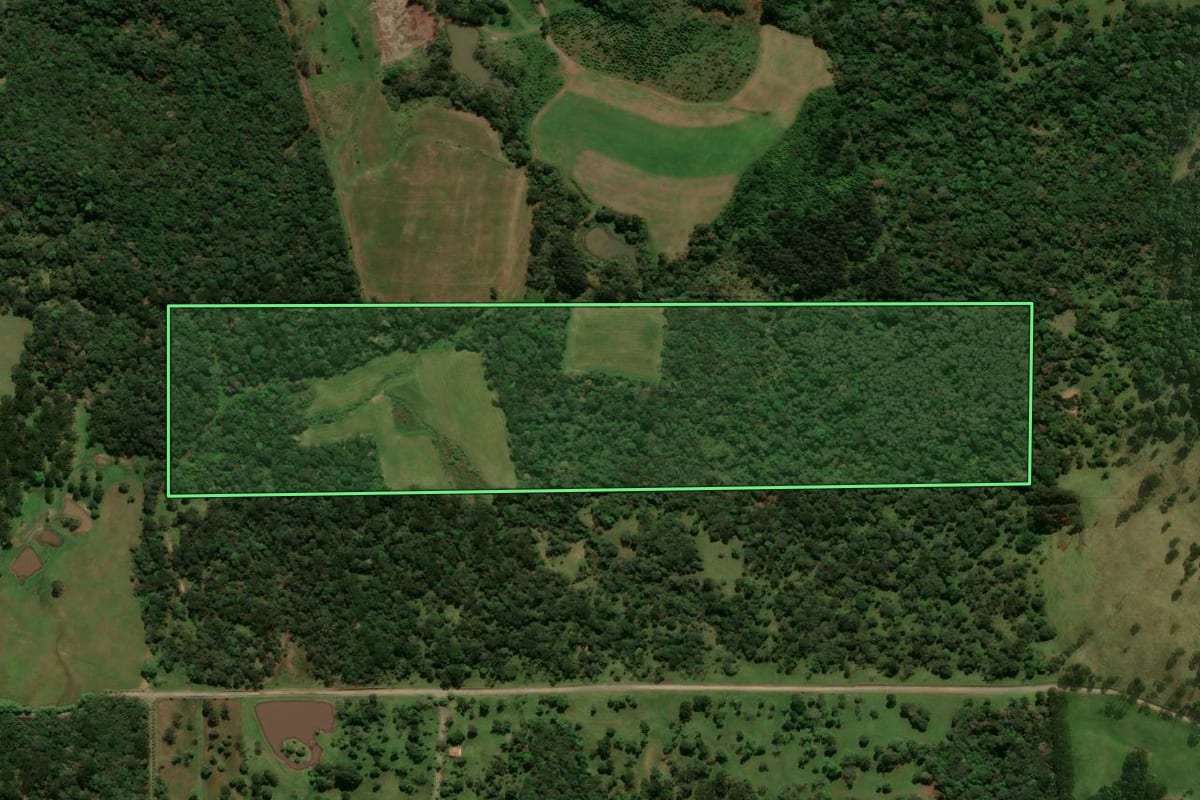 Imagem de satélite do imóvel rural em Campo Alegre (SC), com o contorno declarado no CAR desenhado por cima.
