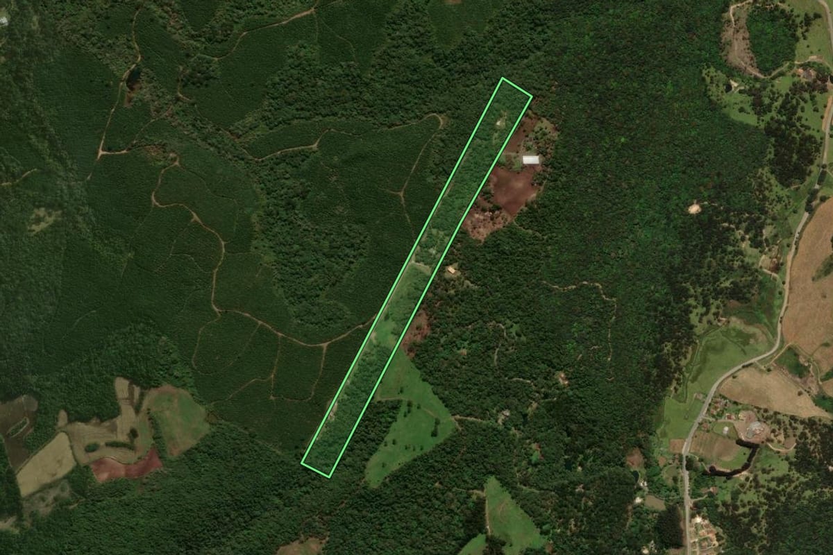 Imagem de satélite do imóvel rural em Campo Alegre (SC), com o contorno declarado no CAR desenhado por cima.