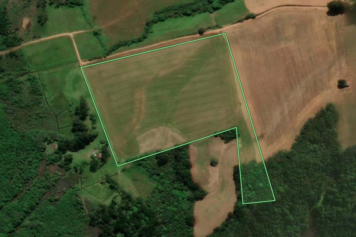 Imagem de satélite do imóvel rural em Campo Alegre (SC), com o contorno declarado no CAR desenhado por cima.