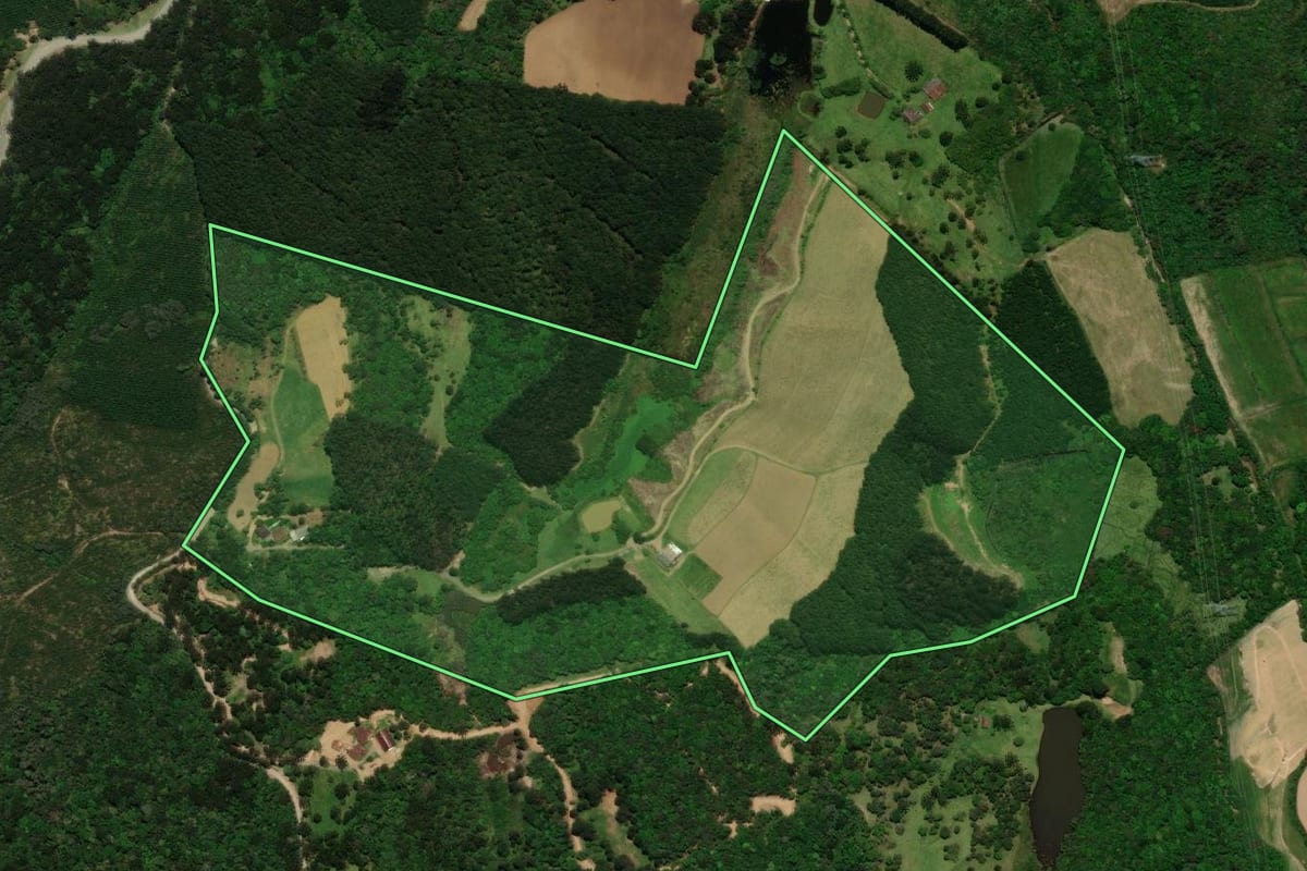 Imagem de satélite do imóvel rural em Campo Alegre (SC), com o contorno declarado no CAR desenhado por cima.