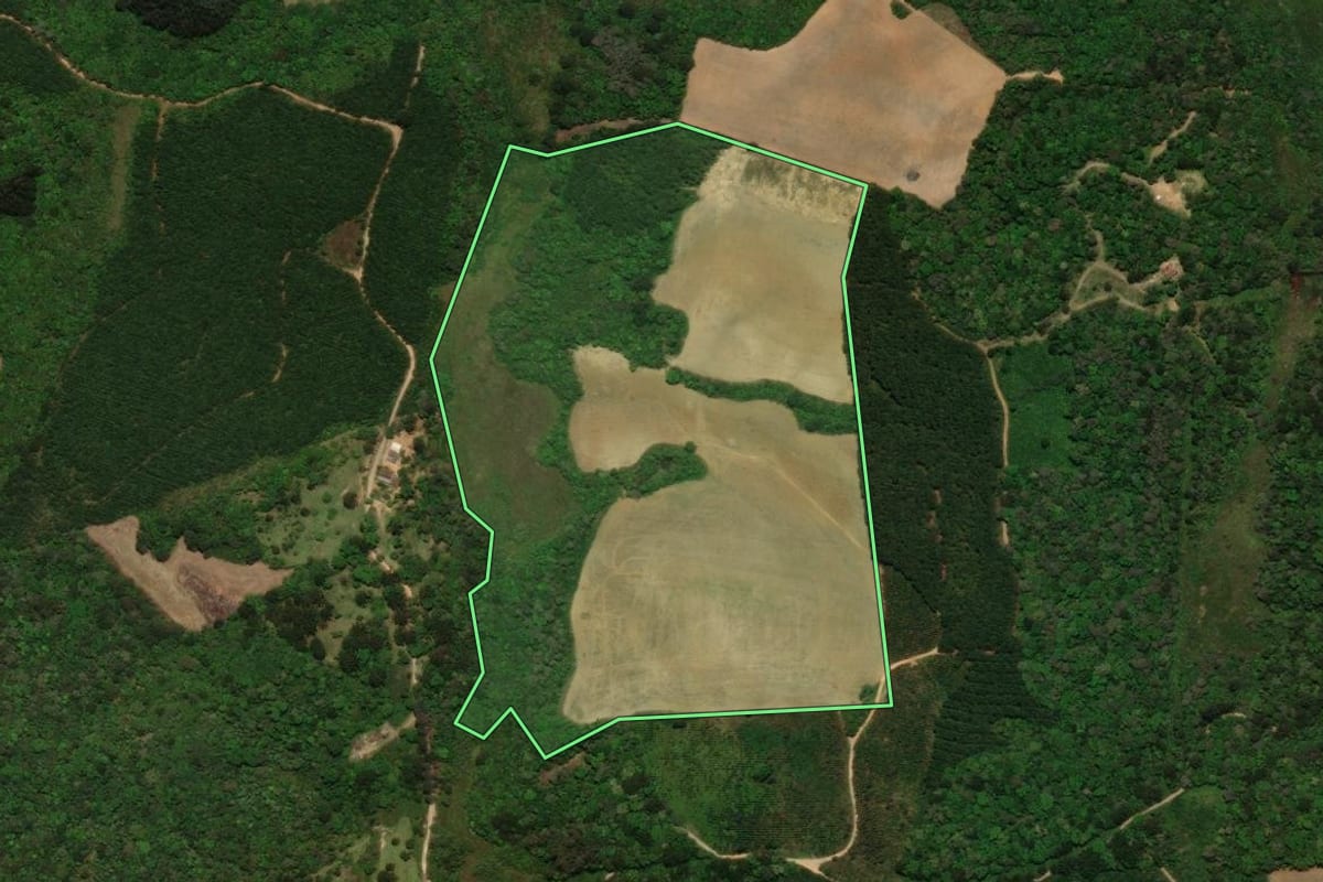 Imagem de satélite do imóvel rural em Campo Alegre (SC), com o contorno declarado no CAR desenhado por cima.
