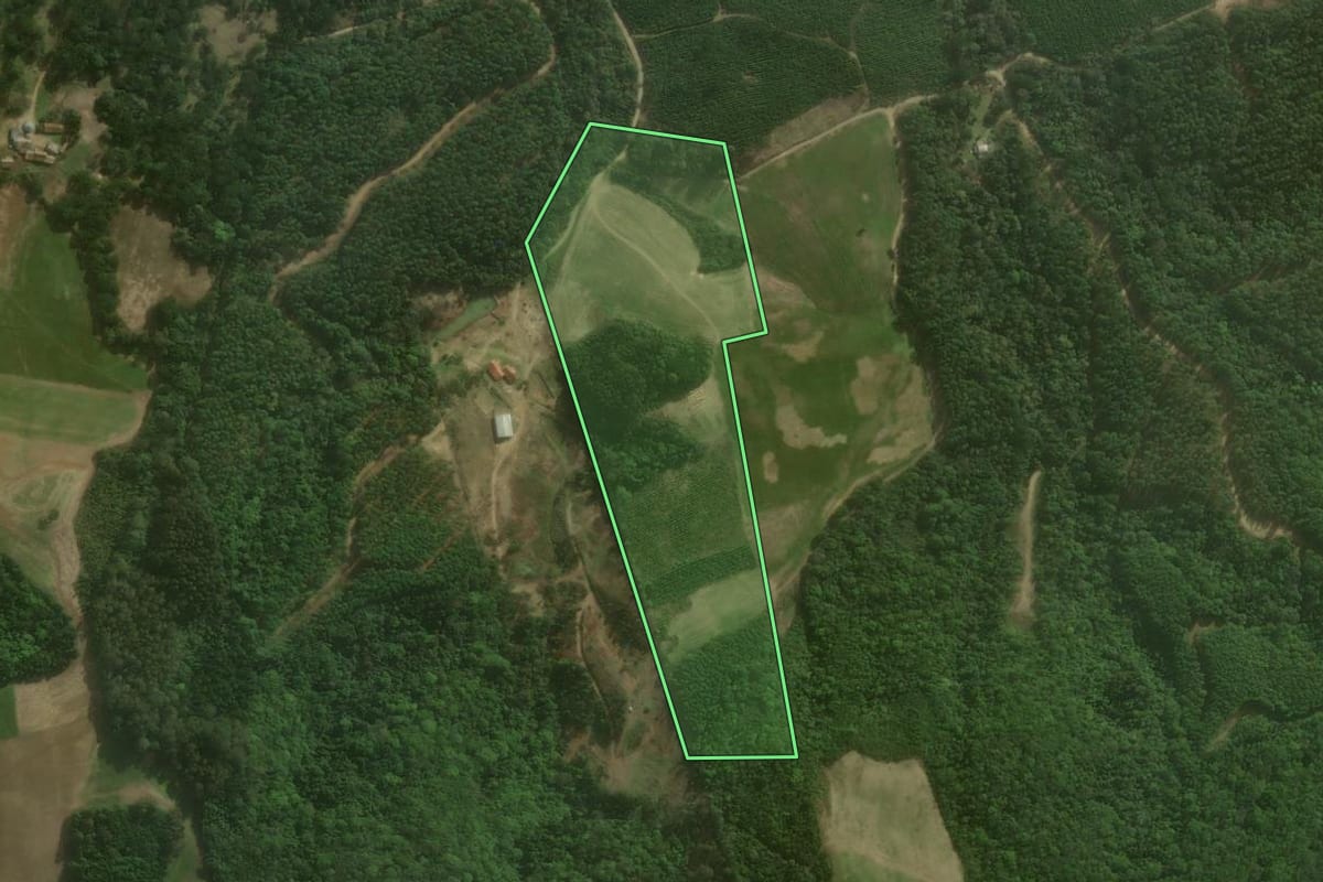 Imagem de satélite do imóvel rural em Campo Alegre (SC), com o contorno declarado no CAR desenhado por cima.