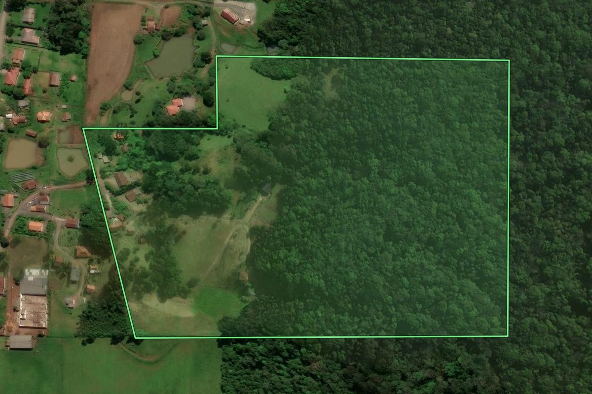 Imagem de satélite do imóvel rural em Campo Alegre (SC), com o contorno declarado no CAR desenhado por cima.