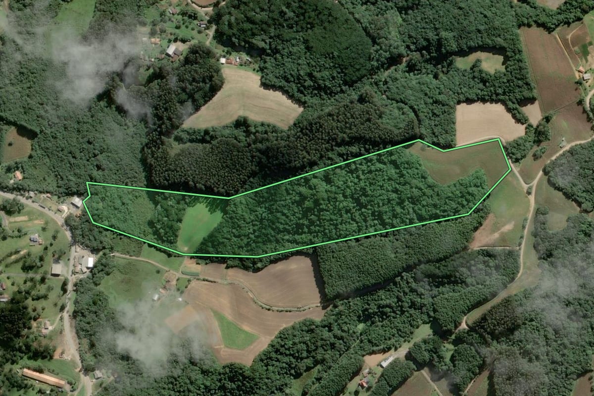 Imagem de satélite do imóvel rural em Campo Alegre (SC), com o contorno declarado no CAR desenhado por cima.