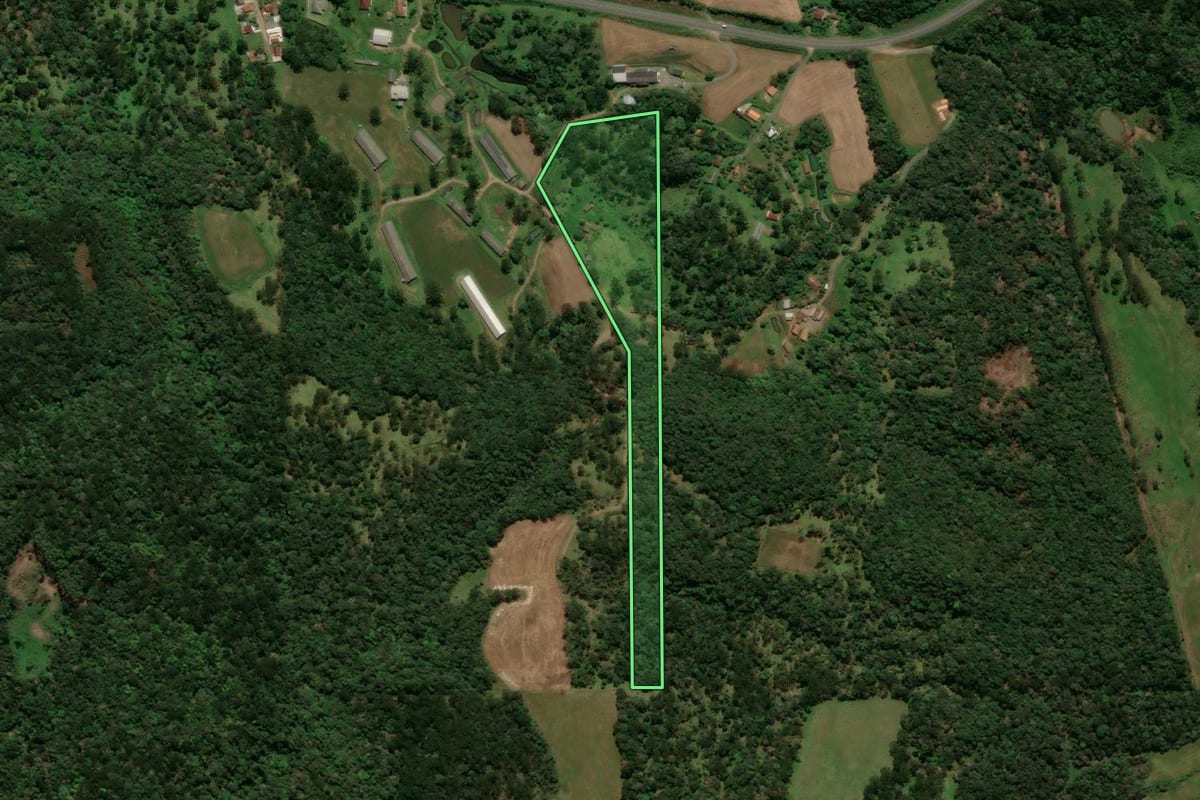 Imagem de satélite do imóvel rural em Campo Alegre (SC), com o contorno declarado no CAR desenhado por cima.