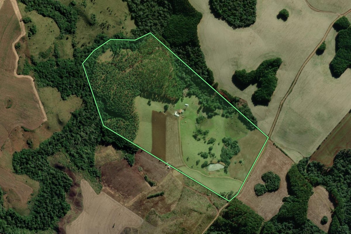 Imagem de satélite do imóvel rural em Campo Belo do Sul (SC), com o contorno declarado no CAR desenhado por cima.