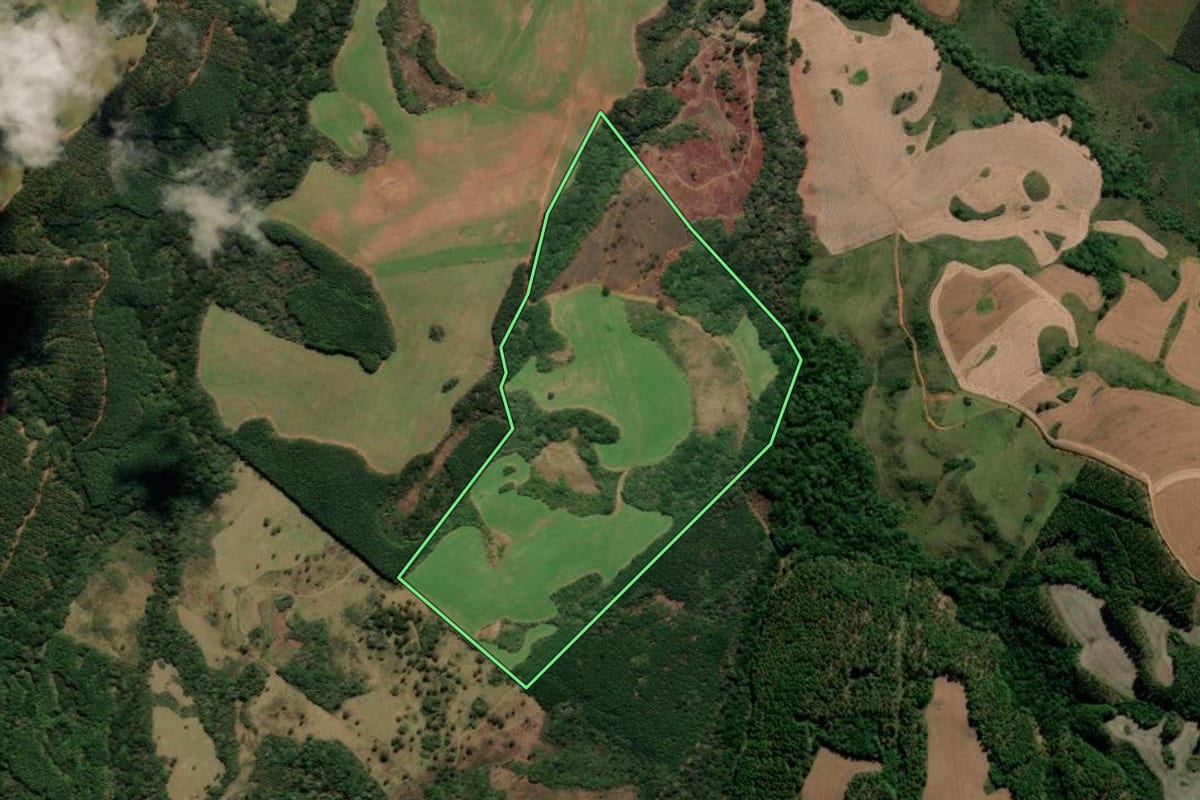 Imagem de satélite do imóvel rural em Campo Belo do Sul (SC), com o contorno declarado no CAR desenhado por cima.