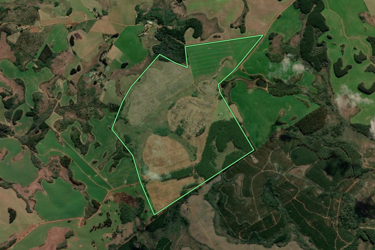 Imagem de satélite do imóvel rural em Campo Belo do Sul (SC), com o contorno declarado no CAR desenhado por cima.