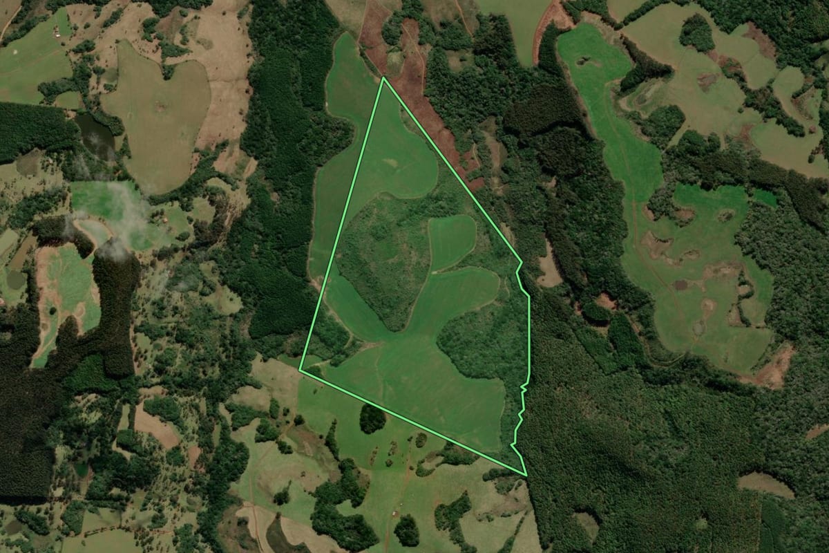 Imagem de satélite do imóvel rural em Campo Belo do Sul (SC), com o contorno declarado no CAR desenhado por cima.