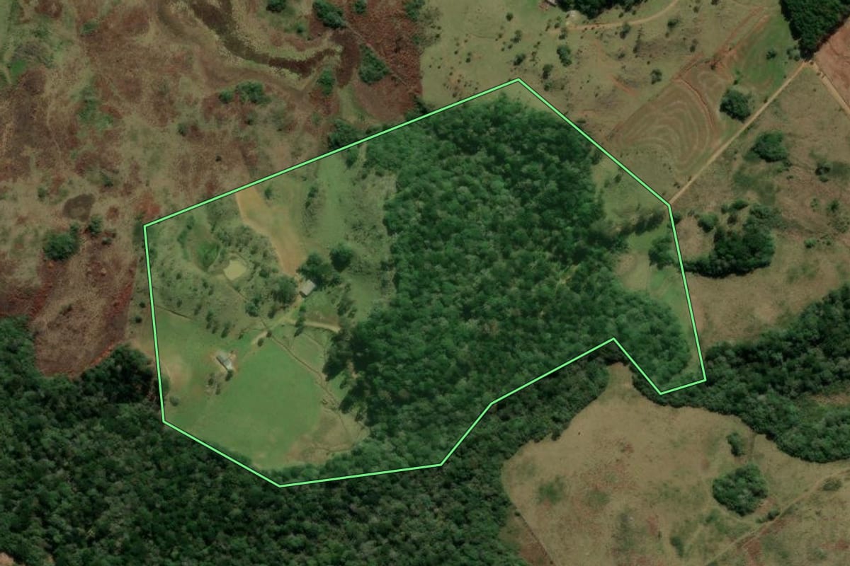 Imagem de satélite do imóvel rural em Campo Belo do Sul (SC), com o contorno declarado no CAR desenhado por cima.