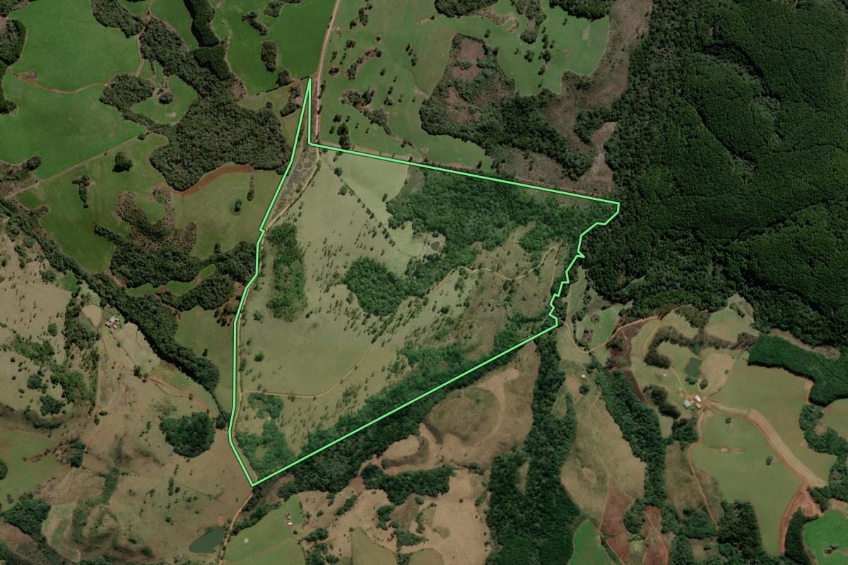 Imagem de satélite do imóvel rural em Campo Belo do Sul (SC), com o contorno declarado no CAR desenhado por cima.