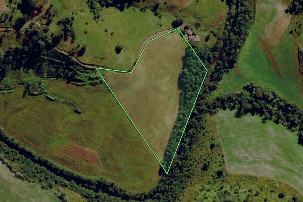 Imagem de satélite do imóvel rural em Campo Erê (SC), com o contorno declarado no CAR desenhado por cima.
