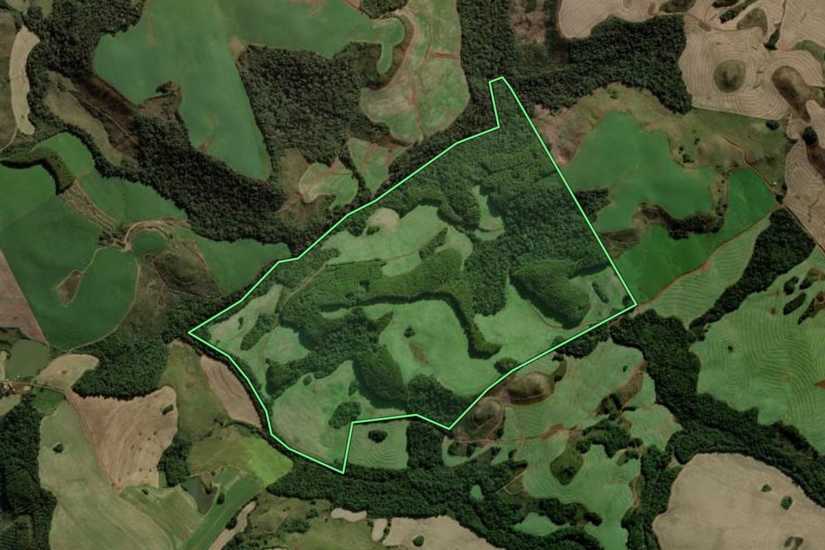 Imagem de satélite do imóvel rural em Campos Novos (SC), com o contorno declarado no CAR desenhado por cima.