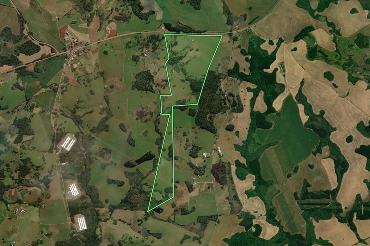 Imagem de satélite do imóvel rural em Campos Novos (SC), com o contorno declarado no CAR desenhado por cima.