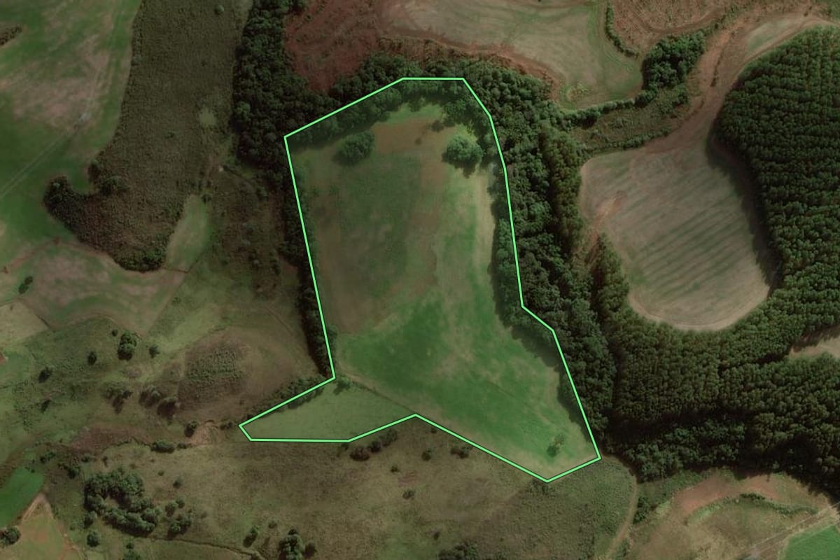 Imagem de satélite do imóvel rural em Campos Novos (SC), com o contorno declarado no CAR desenhado por cima.