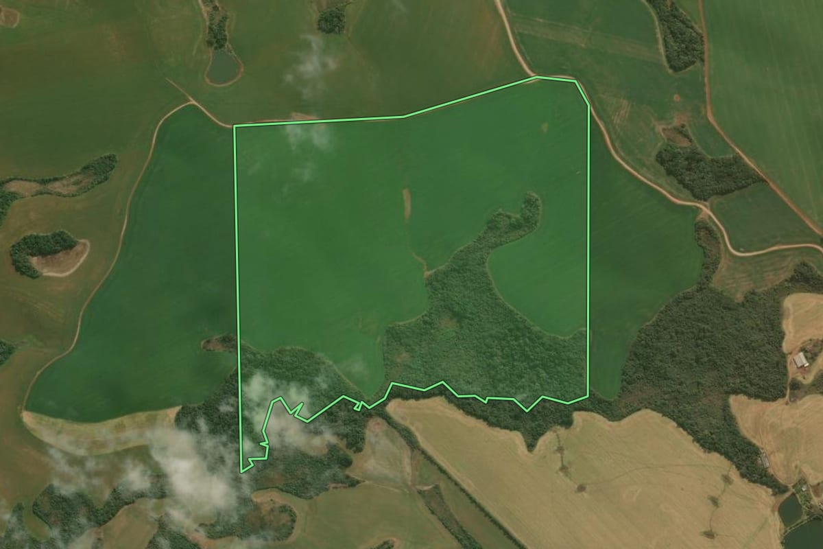 Imagem de satélite do imóvel rural em Campos Novos (SC), com o contorno declarado no CAR desenhado por cima.