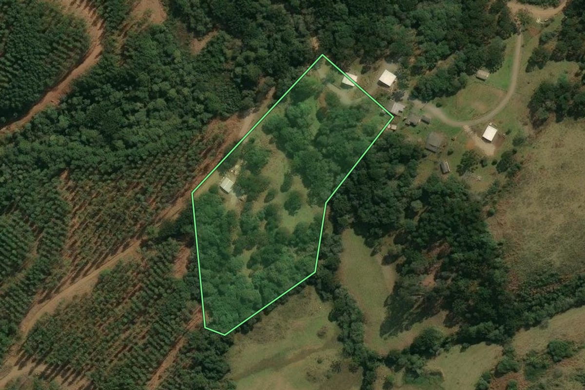 Imagem de satélite do imóvel rural em Campos Novos (SC), com o contorno declarado no CAR desenhado por cima.