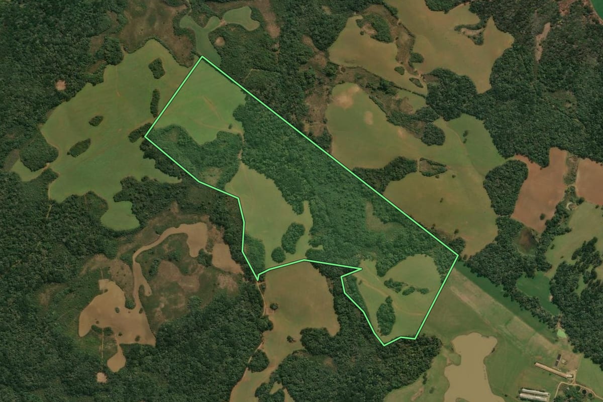 Imagem de satélite do imóvel rural em Campos Novos (SC), com o contorno declarado no CAR desenhado por cima.